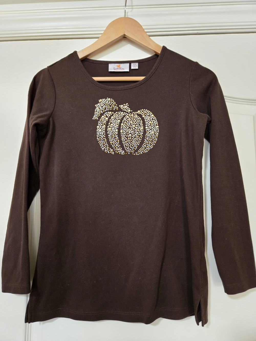 Quacker Factory Brown Long Sleeve Tee with Gold Rhinestone Pumpkin Motif